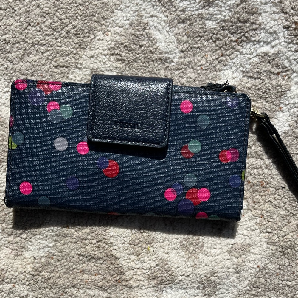 Fossil Emma Tab Clutch Wallet Small Navy Blue Polka Dot Faux Leather